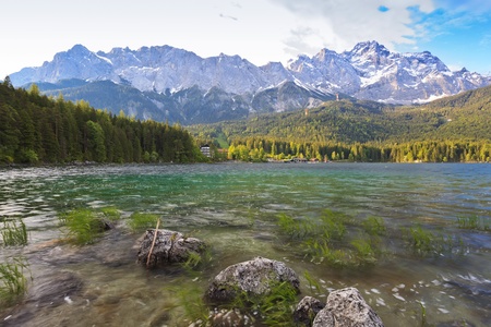 view of Eibsee lake and Zugspitze top of Germany