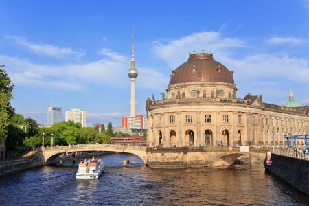Bode Museum on museum island with Spree river and Alexanderplatz TV tower, Berlin, Germanyのeditorial素材