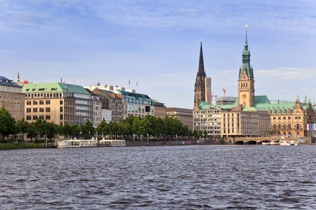 Alster Lake and Downtown of Hamburg city, Germanyの写真素材