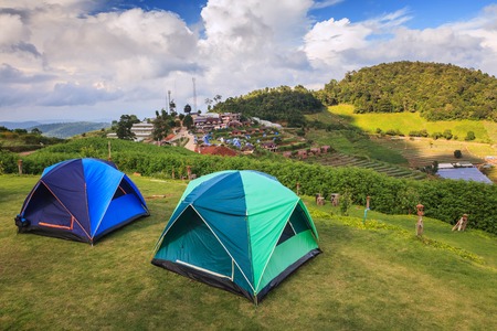 camping tent at dawn on the mountain, Chiangmai Thailandの写真素材