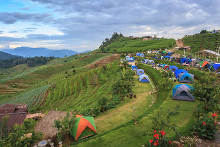 camping tent at dawn on the mountain, Chiangmai Thailandのeditorial素材