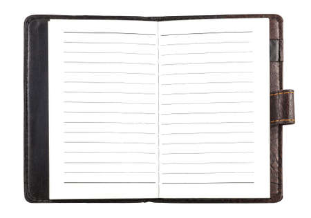 Open leather cover paper notebook with white blank page