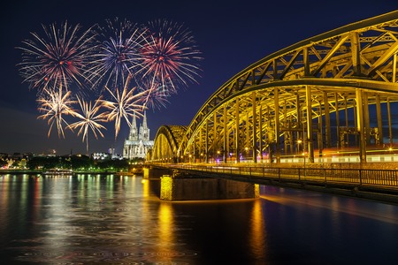 Fireworks Celebration at Cologne Cathedral and Hohenzollern Bridge, Cologne, Germanyの写真素材