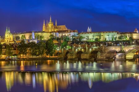 Prague city skyline at night, Czech Republicのeditorial素材