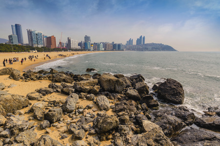 Haeundae beach and Busan city skyline, Busan, South Koreaの写真素材