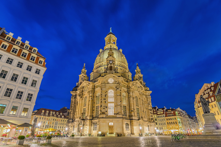 Dresden Frauenkirche (Church of our lady) at night, Dresden, Germanyの写真素材
