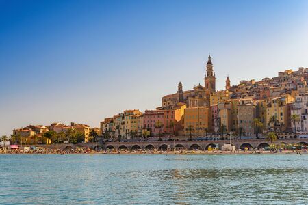 Menton beach and city skyline, Menton, Franceの写真素材