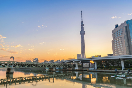 Tokyo sunrise city skyline at Sumida River, Tokyo, Japanの写真素材