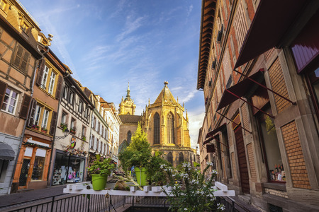 Colmar France, City skyline at Saint Martin Cathedralの写真素材