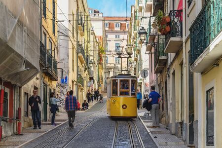 Lisbon, Portugal - April 10, 2019: Lisbon Portugal city skyline at Chiado district and Tramのeditorial素材
