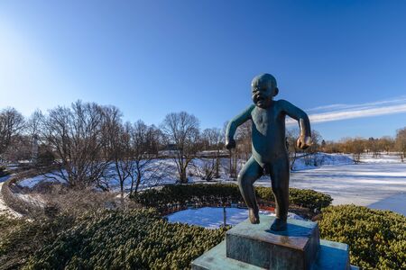Oslo, Norway - April 6, 2018: Oslo winter landscape at famous Angry Boy Statue in Vigeland Sculpture Parkのeditorial素材