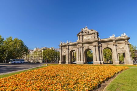 Madrid Spain, city skyline at Puerta de Alcalaの写真素材