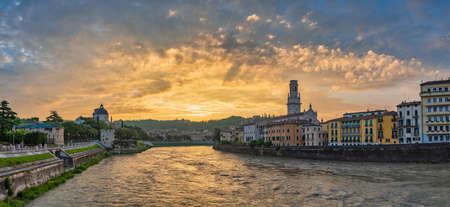 Verona Italy, panorama sunrise city skyline at Adige river and Verona Cathedralの写真素材