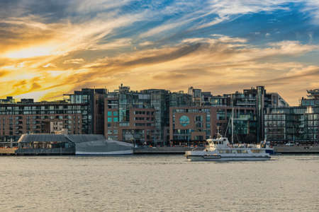 Oslo Norway, sunset city skyline at harbour