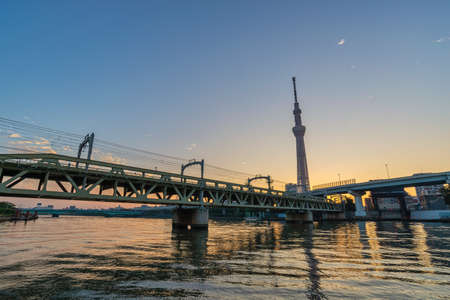 Tokyo, Japan - October 26, 2017 : Tokyo Japan, sunrise city skyline at Sumida River and Sky Tree