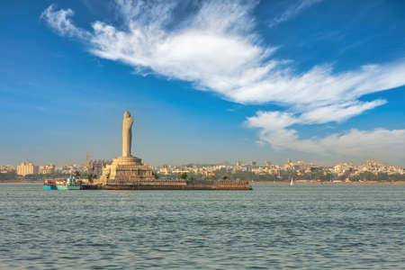 Hyderabad India, city skyline at Buddha statue in the Hussain Sagarの写真素材