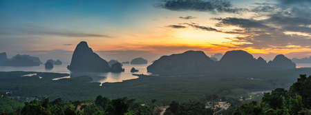 Tropical islands sunrise view at Samed Nang Chee viewpoint with bay to sea ocean, Phang Nga Thailand nature landscape panoramaの写真素材