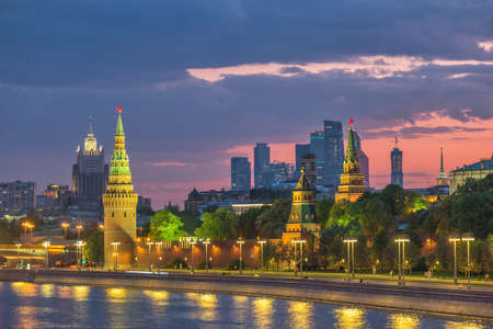 Moscow Russia, sunset city skyline at Kremlin Palace with business center district and Moscow Riverの写真素材