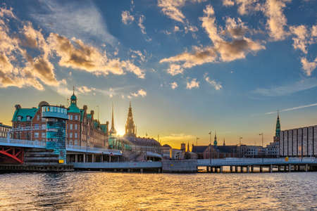 Copenhagen Denmark, sunset  city skyline at Harbourの写真素材