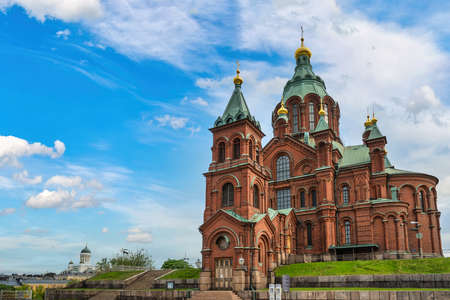 Helsinki Finland, city skyline at Uspenski Cathedralの写真素材