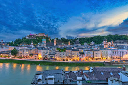 Salzburg Austria, night city skyline of Salzburg city and Fortress Hohensalzburgのeditorial素材