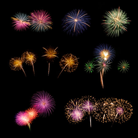 Real Fireworks display celebration collection set, Colorful New Year Fireworkの写真素材
