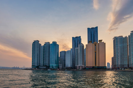 Busan South Korea, sunset city skyline at Busan Marina and Gwangandaegyo Bridgeの写真素材