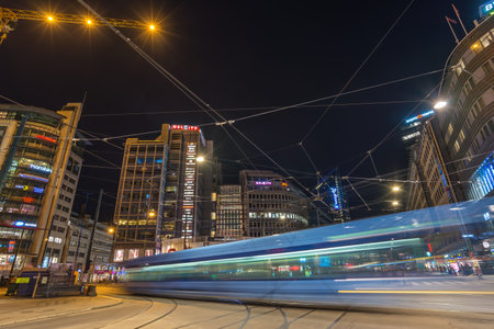 Oslo, Norway - April 6, 2018: night city skyline at Oslo Railway Station, Norwayのeditorial素材
