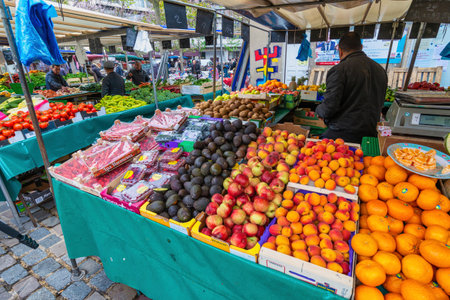 Paris, France - May 4, 2017: fresh fruits retail shop at Aligre Market in Parisのeditorial素材
