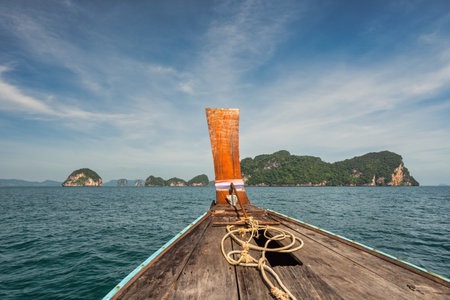 Boat riding through tropical islands with ocean blue sea water at Koh Hong Island, Krabi Thailand...