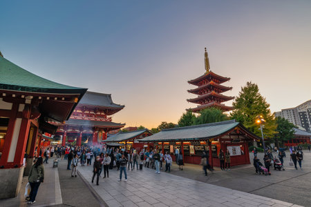 Tokyo, Japan - October 26, 2017 : sunset city skyline at Asakusa Temple (Senso-Ji)のeditorial素材