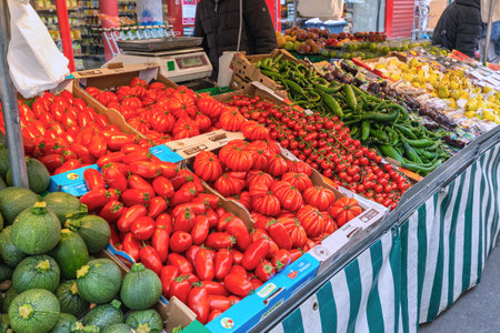 Paris, France - May 4, 2017: fresh vegetable retail shop at Aligre Market in Parisのeditorial素材