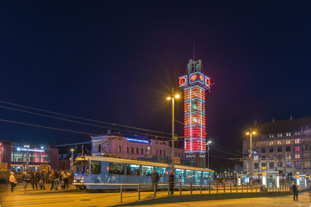 Oslo, Norway - April 6, 2018: night city skyline at Oslo Railway Station, Norwayのeditorial素材