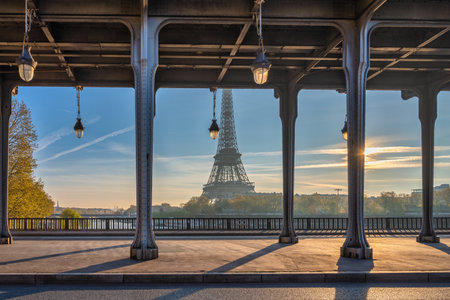 Paris France, sunrise city skyline at Eiffel Tower and Seine River Bir-Hakeim Bridgeの写真素材