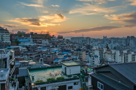 Seoul South Korea, sunrise city skyline at Seoul city center view from Naksan Park