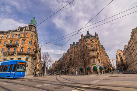 Stockholm, Sweden - April 9, 2018: Stockholm Sweden city skyline and Metro Tramのeditorial素材