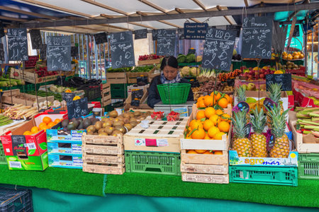 Paris, France - May 4, 2017: fresh fruits retail shop at Aligre Market in Parisのeditorial素材