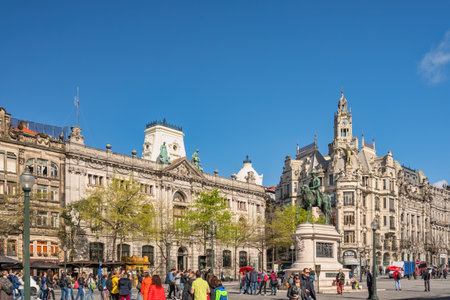 Porto, Portugal - April 8, 2019: city skyline with many tourist at Liberty Squareのeditorial素材