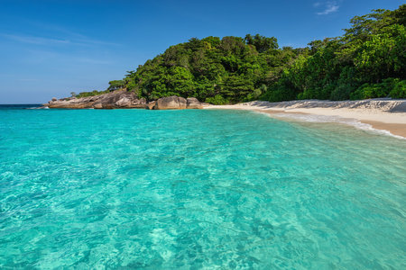 Tropical islands view of ocean blue sea water and white sand beach at Similan Islands, Phang Nga Thailand nature landscapeの写真素材