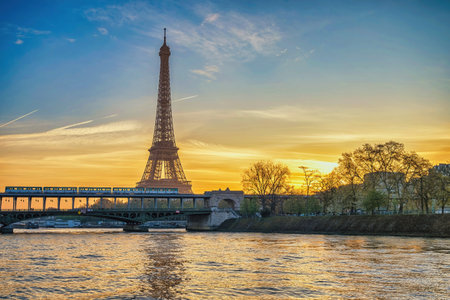 Paris France sunrise city skyline at Eiffel Tower and Seine River Bir-Hakeim Bridgeの写真素材