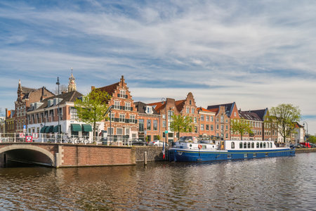 Haarlem Netherlands, city skyline time lapse at canal waterfrontの写真素材