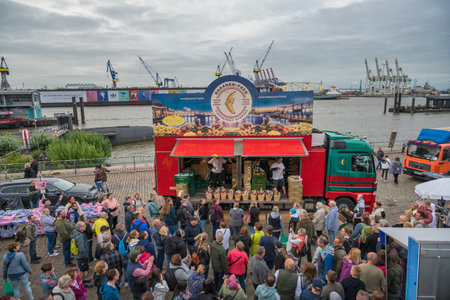 Hamburg, Germany - July 17, 2022: city skyline at famous Hamburg fish market (Fischmarkt)のeditorial素材