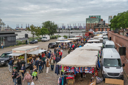 Hamburg, Germany - July 17, 2022: city skyline at famous Hamburg fish market (Fischmarkt)のeditorial素材