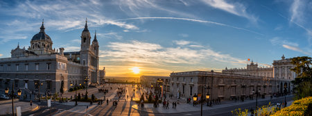 Madrid Spain, sunset panorama city skyline at Cathedral de la Almudenaの写真素材
