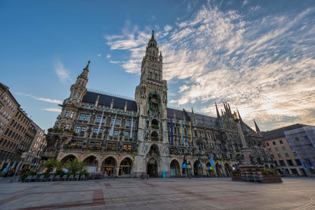 Munich (Munchen) Germany, sunrise city skyline at Marienplatz new Town Hall Squareの写真素材