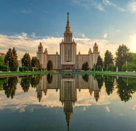 Moscow Russia, sunset city skyline at Lomonosov Moscow State Universityの写真素材