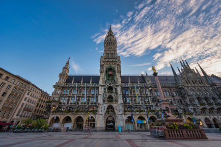 Munich (Munchen) Germany, sunrise city skyline at Marienplatz new Town Hall Squareの写真素材