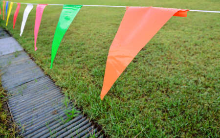 Colored triangular flags and green fieldの写真素材