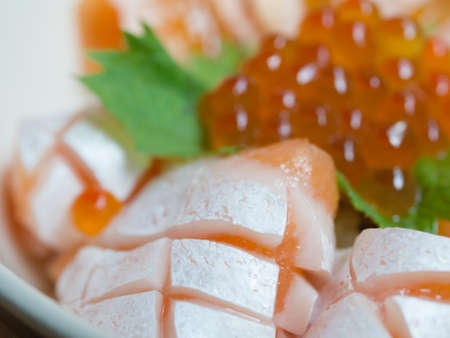 Closed up of Japanese Dish "Salmon Ikura Don" made from fresh salmon and salmon roe served with Japanese rice, Selective Focus, Texture  Patternの写真素材