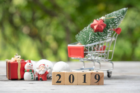 Wood block 2019, shopping cart, and christmas decoration stuffs using as background new year concept